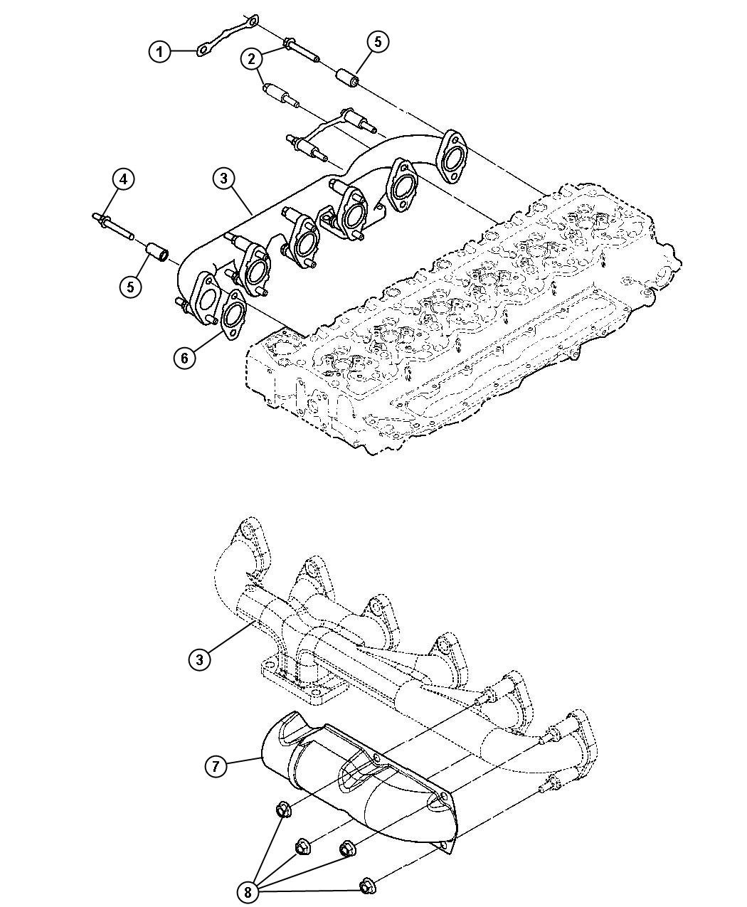 Diagram Exhaust Manifold, Exhaust Manifold Heat Shield And Mounting 5.9L Diesel [5.9L I6 HO CUMMINS TD ENGINE]. for your Dodge Ram 2500  