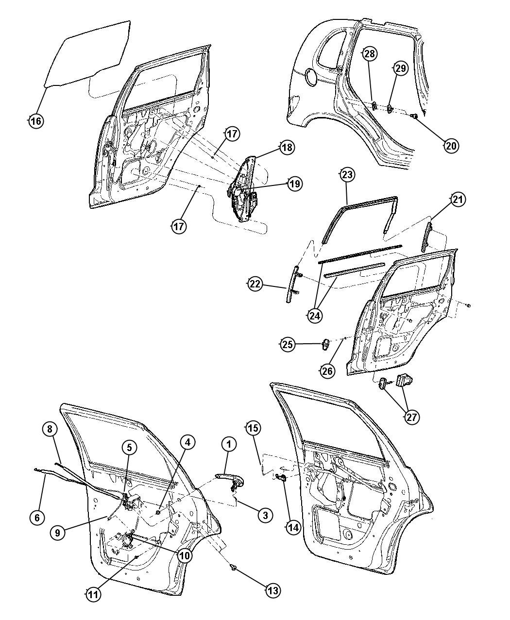 Diagram Door, Rear, Glass and Regulators. for your 2005 Chrysler PT Cruiser   