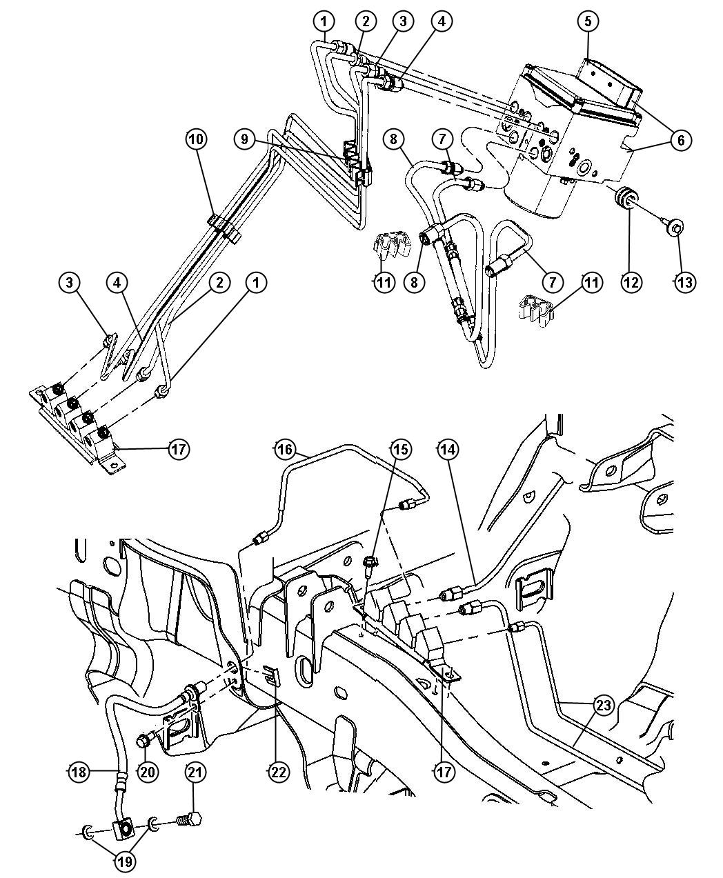 Diagram HCU,Lines And Hoses,Brake,Front With A.W.A.L. [Anti-Lock 4-Wheel Disc Brakes]. for your 1999 Chrysler 300  M 