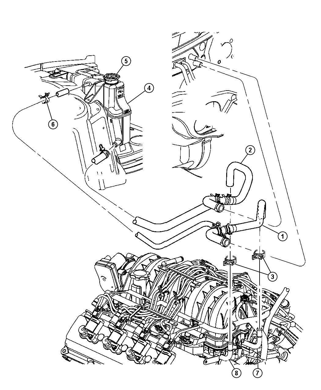 Diagram Coolant Recovery System Heater Plumbing - 5.7L - 6.1L. for your 2019 Dodge Charger   