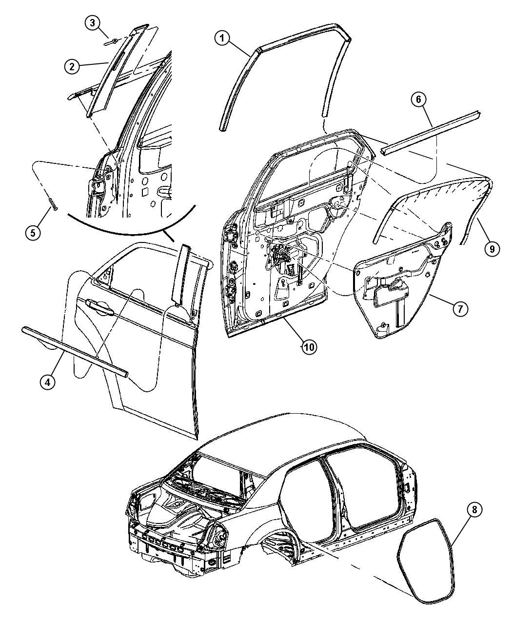 Diagram Weatherstrips Rear Door. for your Chrysler 300  