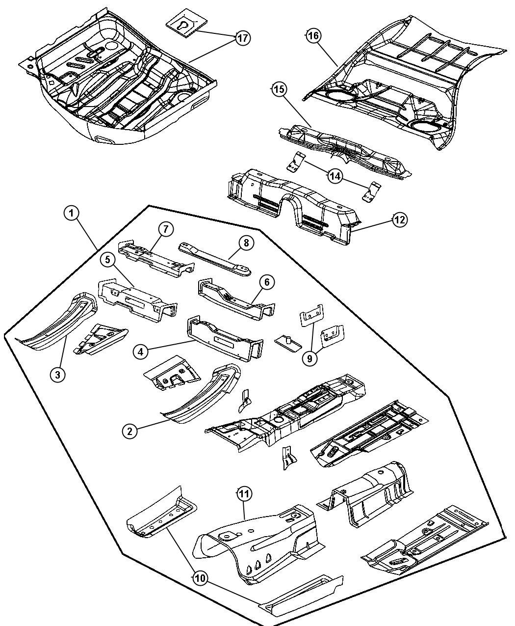 Diagram Front, Center and Rear Floor Pan. for your Dodge Charger  