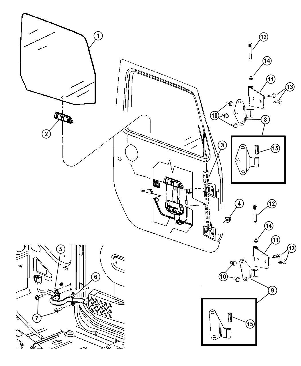 Diagram Full Front Door, Glass and Hinges. for your Jeep Wrangler  