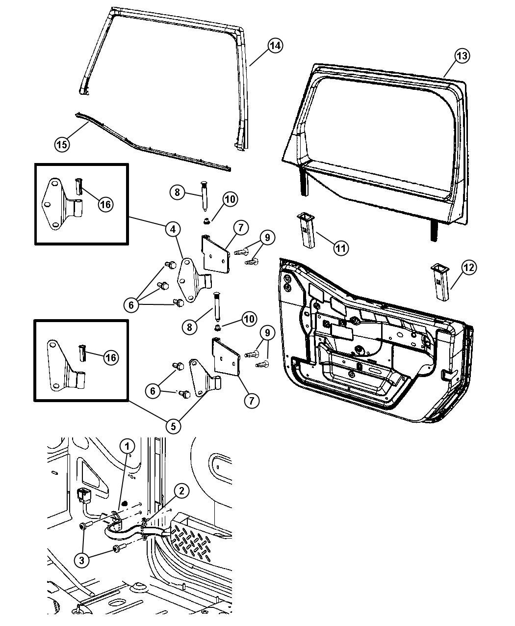 Half Front Door, Glass Frame and Hinges. Diagram