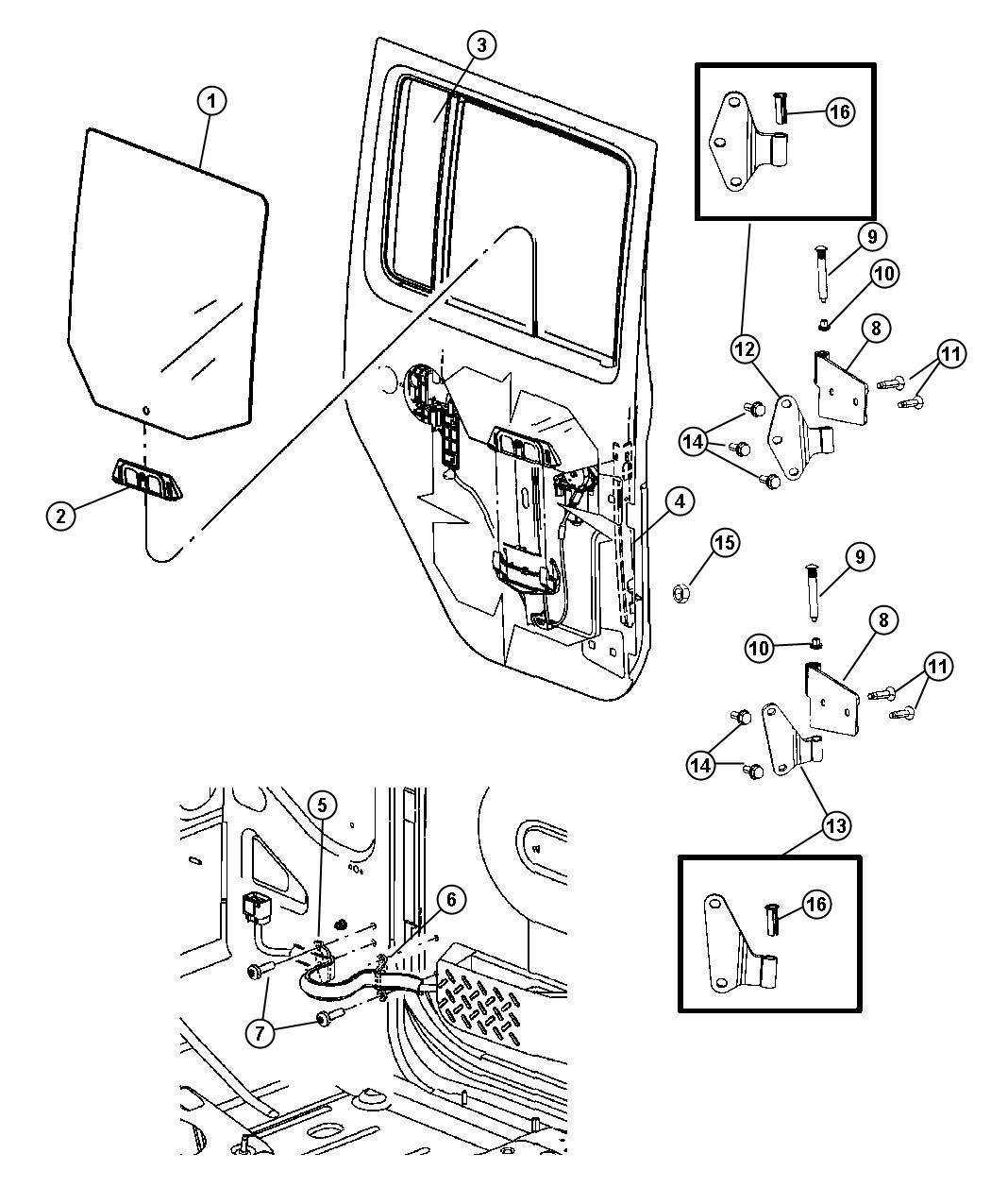 Full Rear Door, Glass and Hinges. Diagram