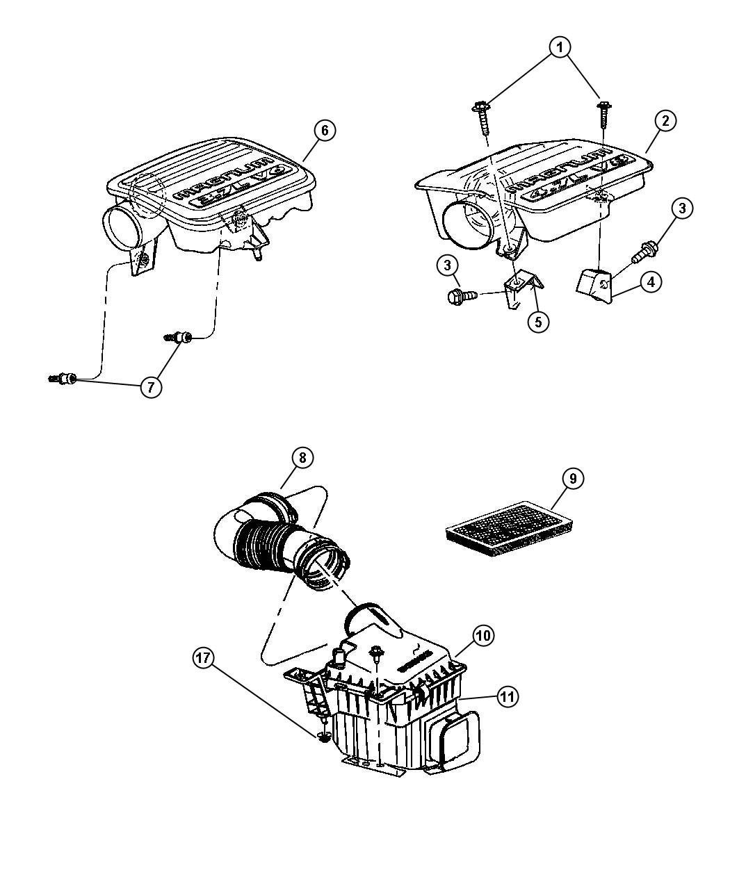 Air Cleaner, 3.7L [3.7L V6 Engine] 4.7 [4.7L V8 MPI Engine][4.7L V8 FFV Engine] , 5.7L [All 5.7L 8Cyl Gas Engines]. Diagram