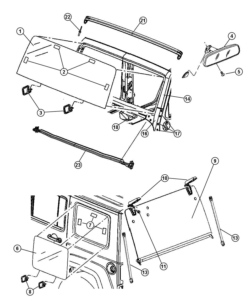 Diagram Windshield, Quarter Window, Backlite and Mirror. for your Jeep Wrangler  