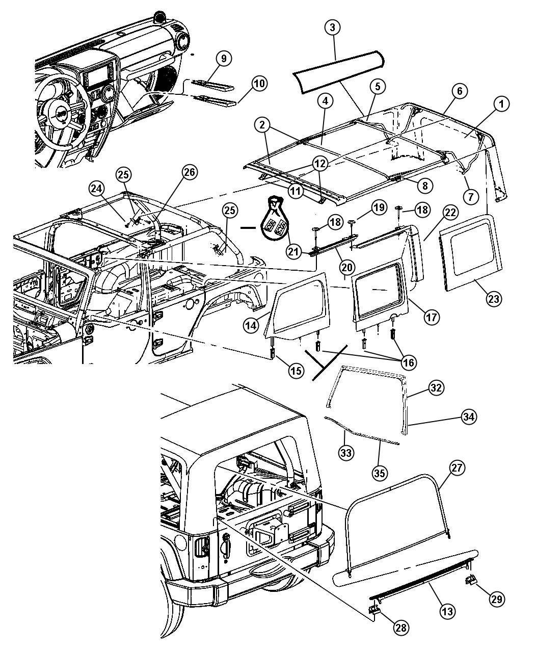 Diagram Soft Top and Windows 4-Door. for your 2005 Jeep Wrangler   