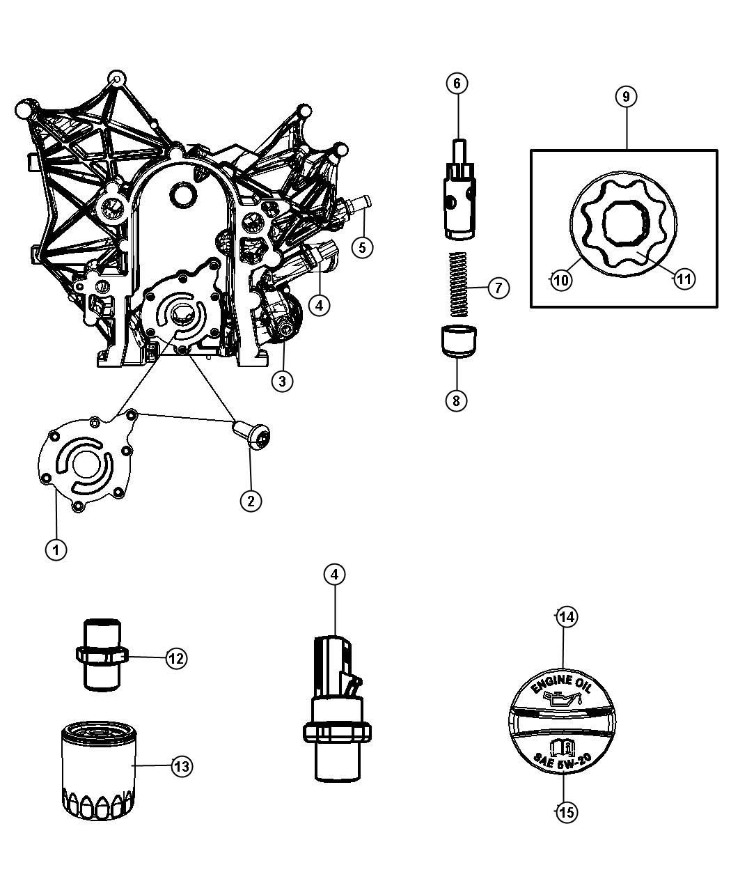 Diagram Engine Oiling Pump, Oil Filter And Oil Cap 3.8L [3.8L V6 SMPI Engine]. for your Jeep