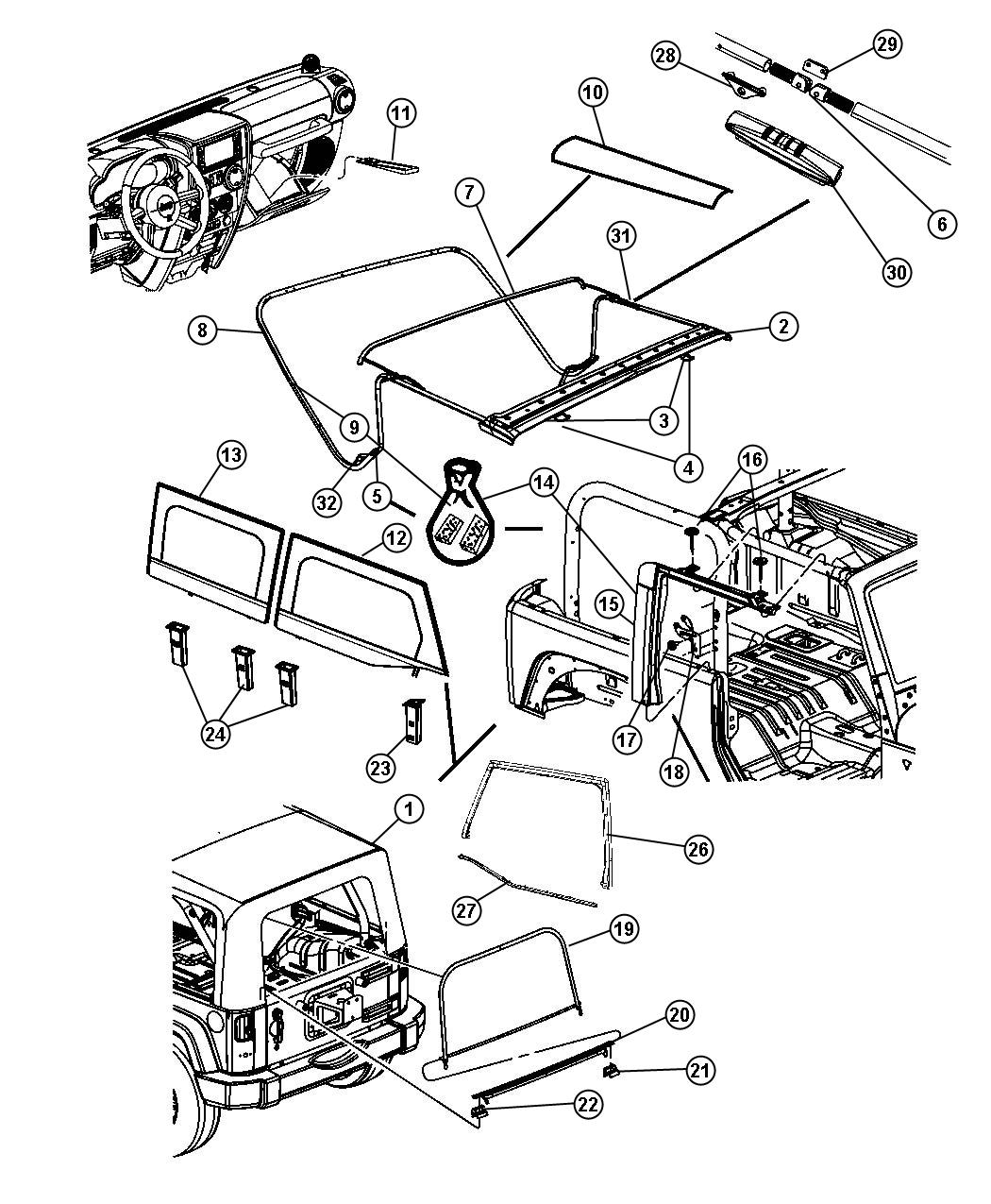 Diagram Soft Top and Windows 2-Door. for your Jeep