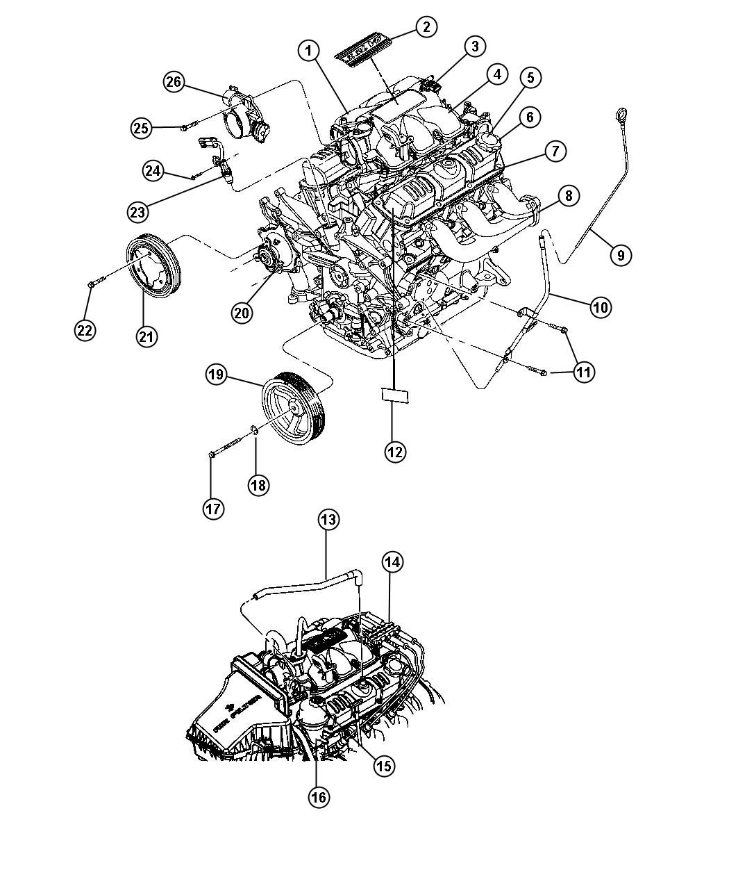 Diagram Engine Assembly And Components 3.8L [3.8L V6 OHV Engine]. for your 2013 Jeep Wrangler   