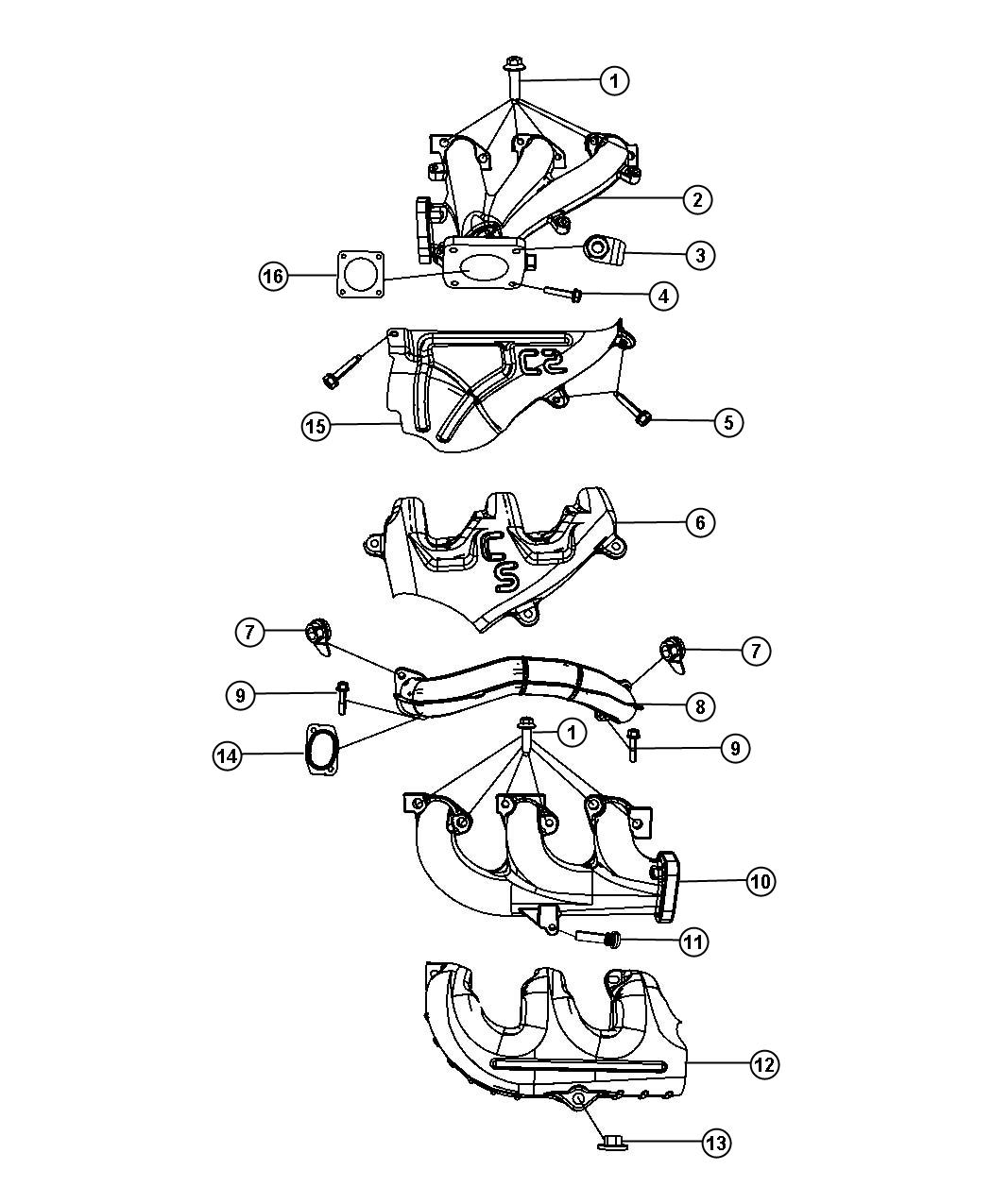 Diagram Exhaust Manifolds, Manifold Heat Shields And Mounting 3.8L [3.8L V6 OHV Engine]. for your Chrysler