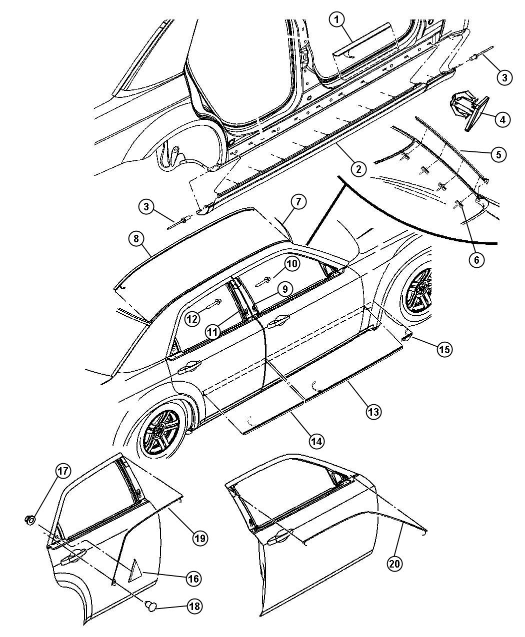 Diagram Moldings and Cladding. for your 2007 Chrysler 300   