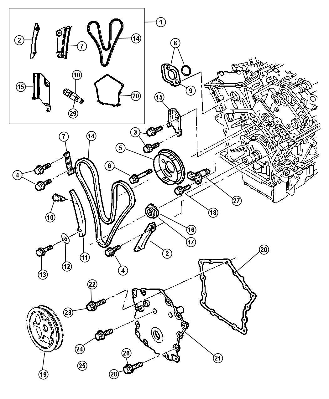 Diagram Timing Chain Package, Timing Covers And Components 2.7L [2.7L V6 DOHC 24 Valve MPI Engine]. for your Dodge Journey  