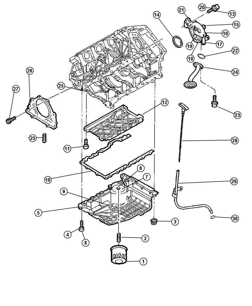 Diagram Engine Oiling Pump, Pan, Filter And Indicator 2.7L [2.7L V6 DOHC 24 Valve MPI Engine]. for your Chrysler 300  