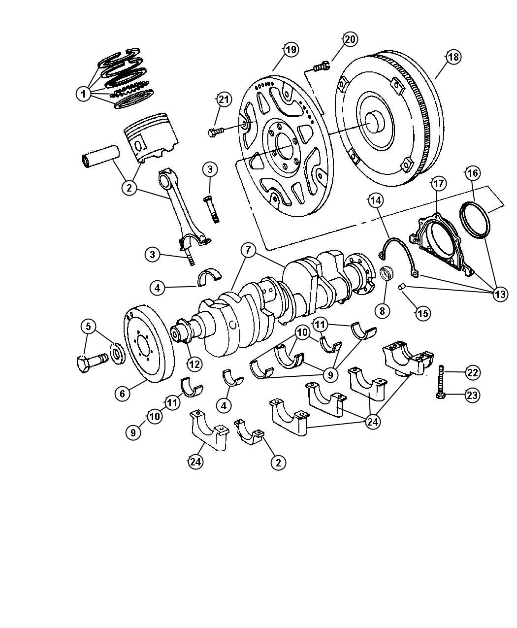 Diagram Crankshaft, Pistons, Torque Converter And Drive Plate 5.7L [5.7L V8 HEMI MDS ENGINE]. for your Dodge Charger  