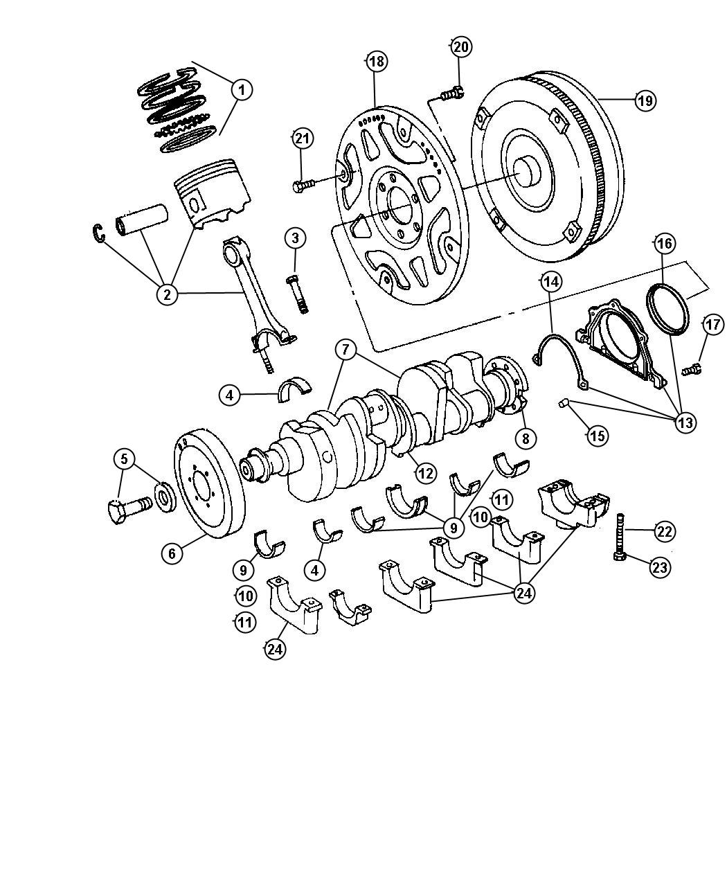 Diagram Crankshaft, Pistons, Torque Converter And Driveplate 6.1L [6.1L SRT HEMI SMPI V8 Engine]. for your Dodge Charger  