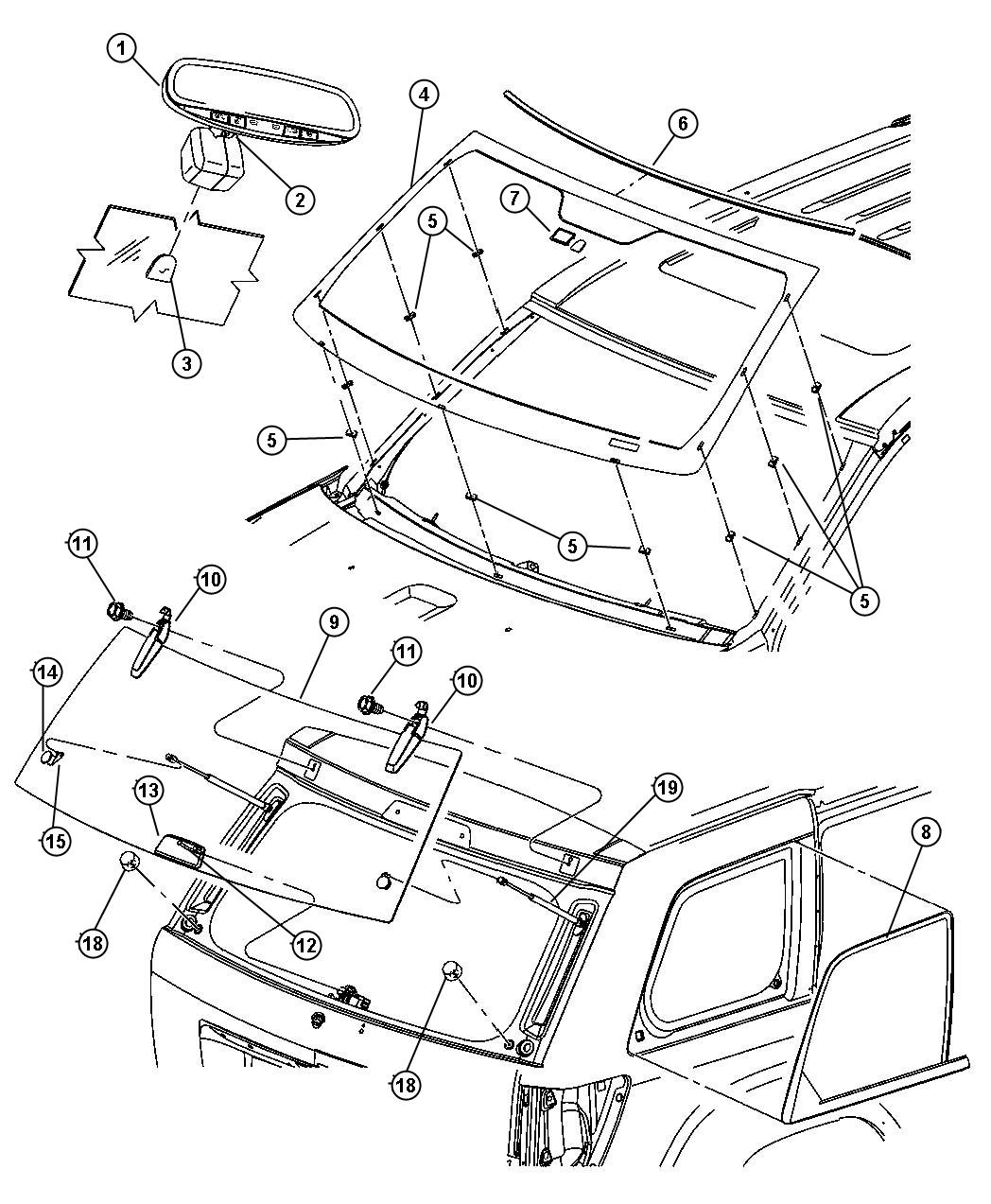 Diagram Glass, Windshield, Backlite, Quarter Window, Rear View Mirror. for your Jeep