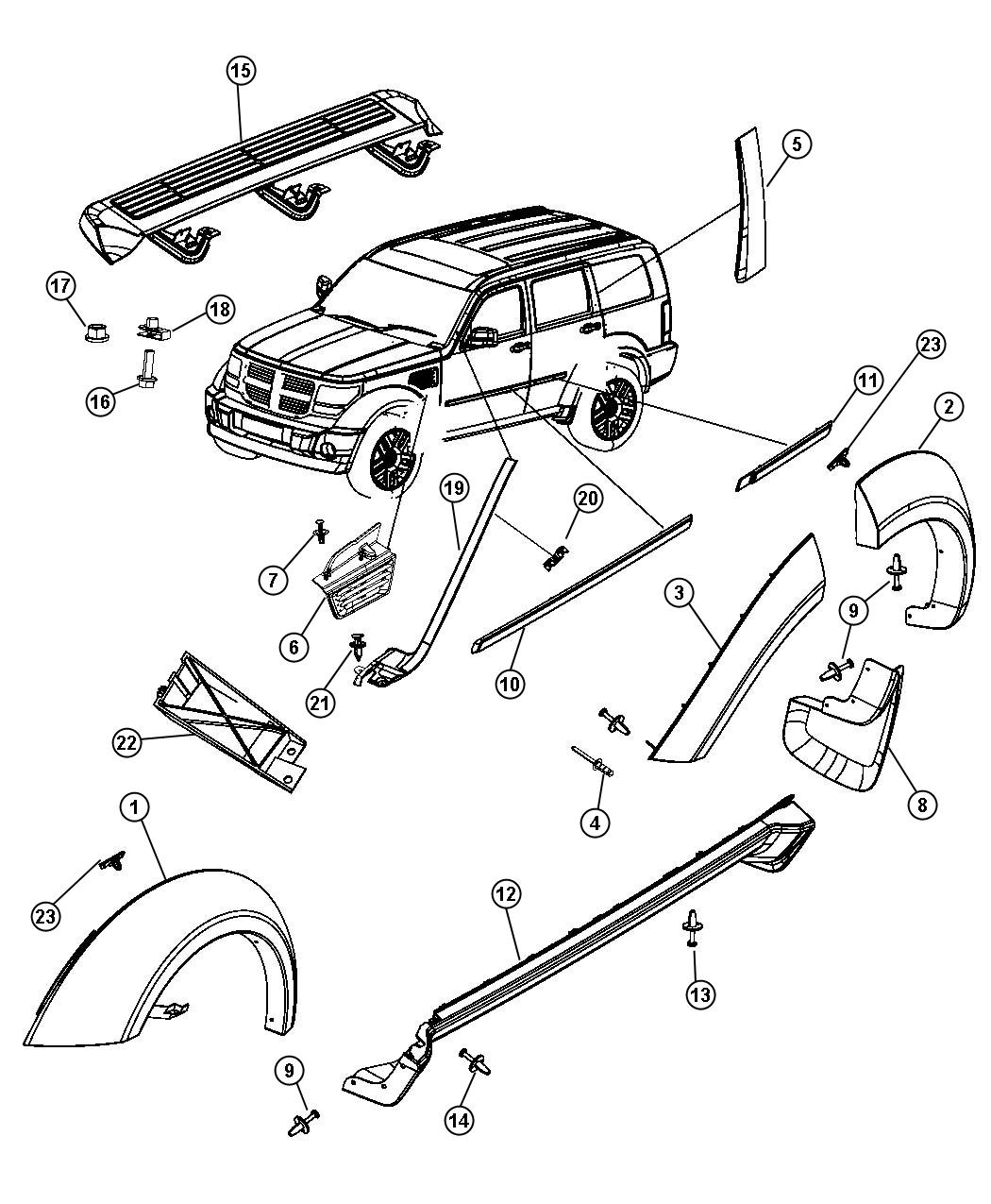 Diagram Molding and Fender Flares. for your Dodge