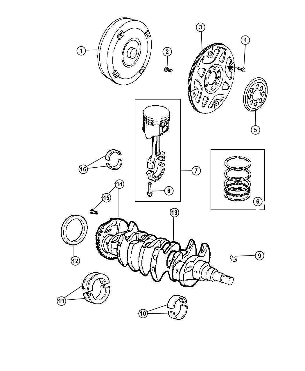 Diagram Crankshaft Pistons Torque Converter And Drive Plate 2.4L [2.4L 4 Cyl DOHC 16V SMPI Engine]. for your 2005 Chrysler Sebring Convertible Limited  