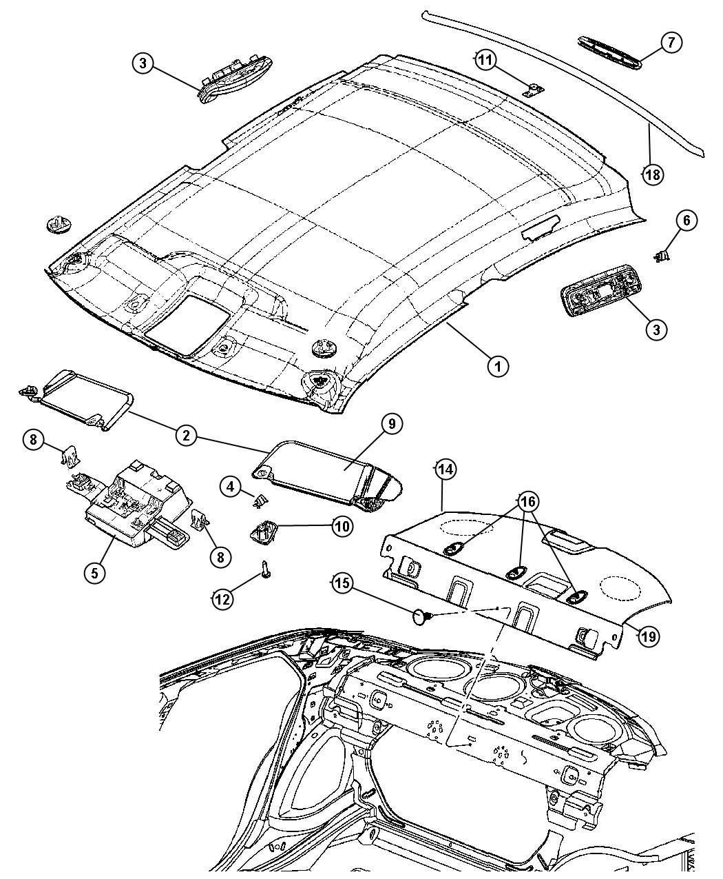 Diagram Headliner, Visors, Assist Straps. for your 2005 Dodge Neon   