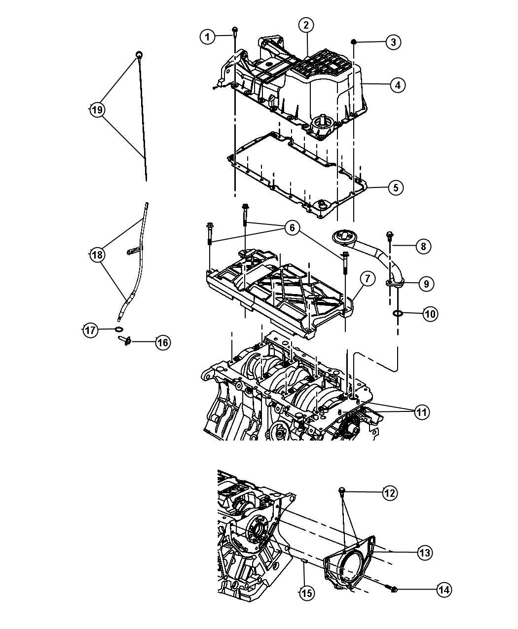 Diagram Engine Oil Pan and Oil level Indicator 3.5L [3.5L V6 HIGH OUTPUT 24V MPI ENGINE]. for your Chrysler 300 M 