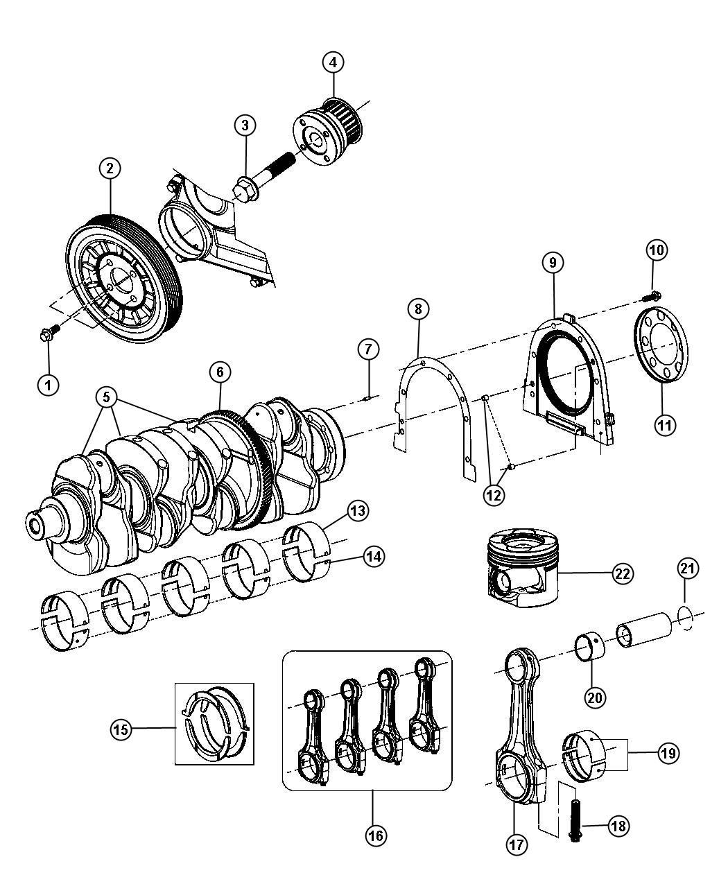 Diagram Crankshaft, Pistons, Bearings 2.8L Diesel [2.8L 4 Cyl TD Next Generation Engine]. for your Dodge