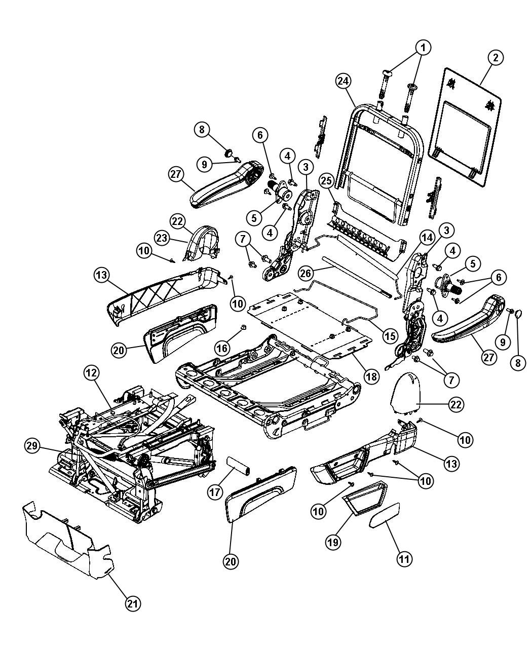 Diagram Second Row - Adjusters, Recliners, Shields and Risers - Quad - Stow and Go. for your 2003 Chrysler Town & Country   