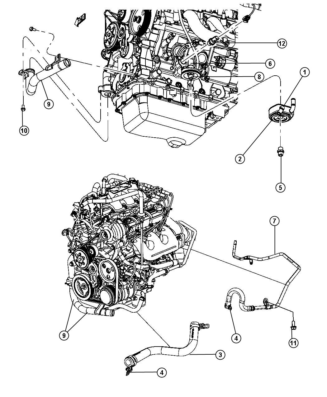 Diagram Engine Oil Cooler And Hoses/Tubes 3.8L [3.8L V6 OHV Engine]. for your Dodge Grand Caravan  