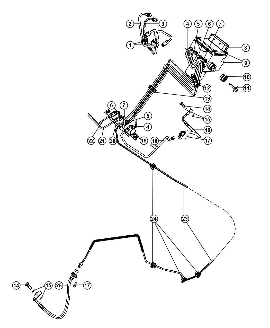 Diagram HCU, Brake Tubes and Hoses, Front, [Anti-Lock 4-Wheel Disc Brakes]. for your 2008 Dodge Ram 1500   