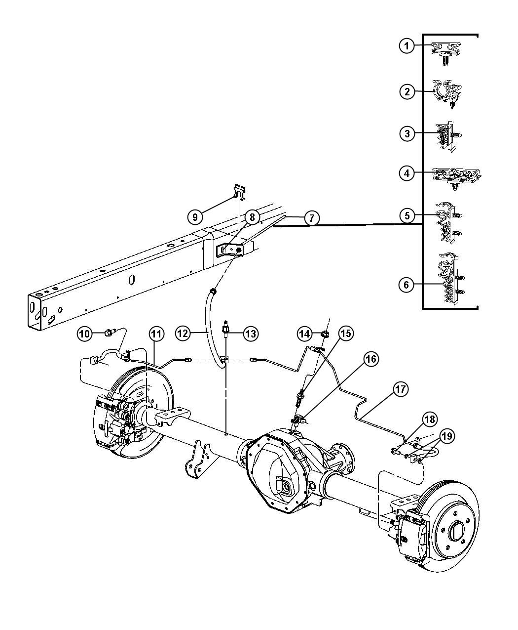 Diagram Brake Tubes and Hoses, Rear and Chassis, [4 Wheel Disc Rr Anti-Lock Brakes]. for your 2008 Dodge Ram 1500   