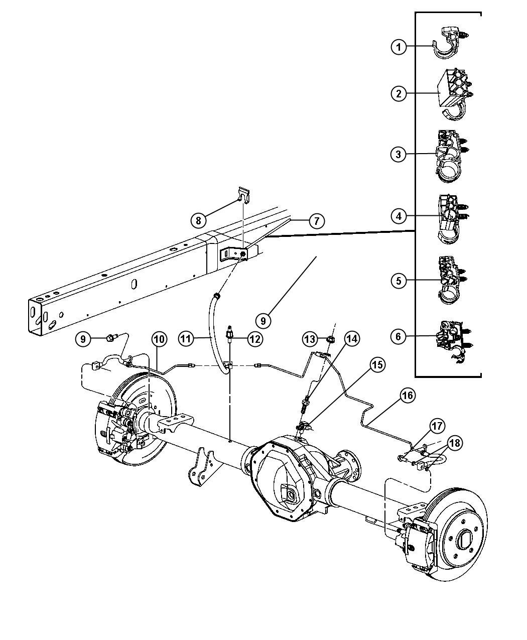 Diagram Brake Tubes and Hoses, Rear and Chassis. for your Dodge Ram 1500  