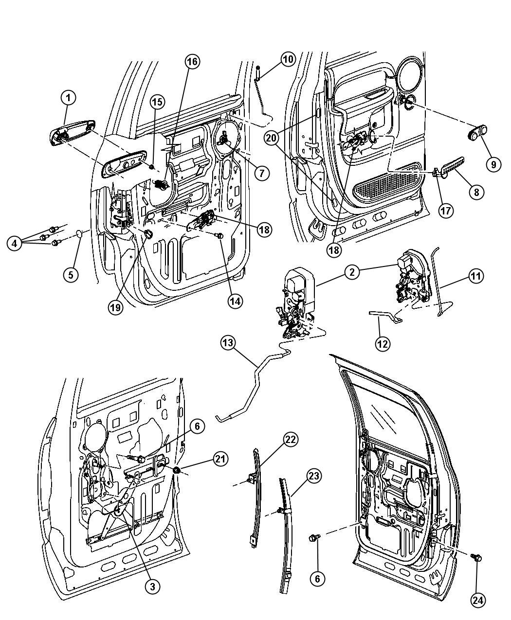Diagram Rear Door, Hardware Components. for your 2008 Dodge Ram 2500 6.7L Cummins Turbo Diesel M/T 4X4 LARAMIE MEGA CAB 