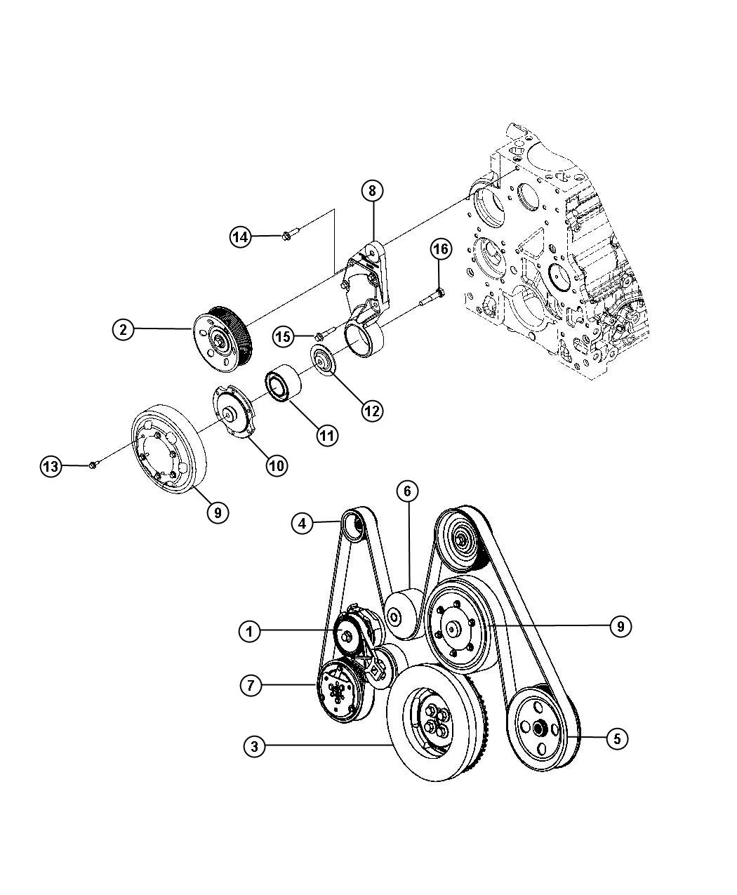 Diagram Pulley and Related Parts, 5.9L [5.9L HO Cummins Turbo Diesel Engine], 6.7L [6.7L I6 CUMMINS TURBO DIESEL ENGINE]. for your 2008 Dodge Ram 2500 6.7L Cummins Turbo Diesel M/T 4X4 SLT MEGA CAB 