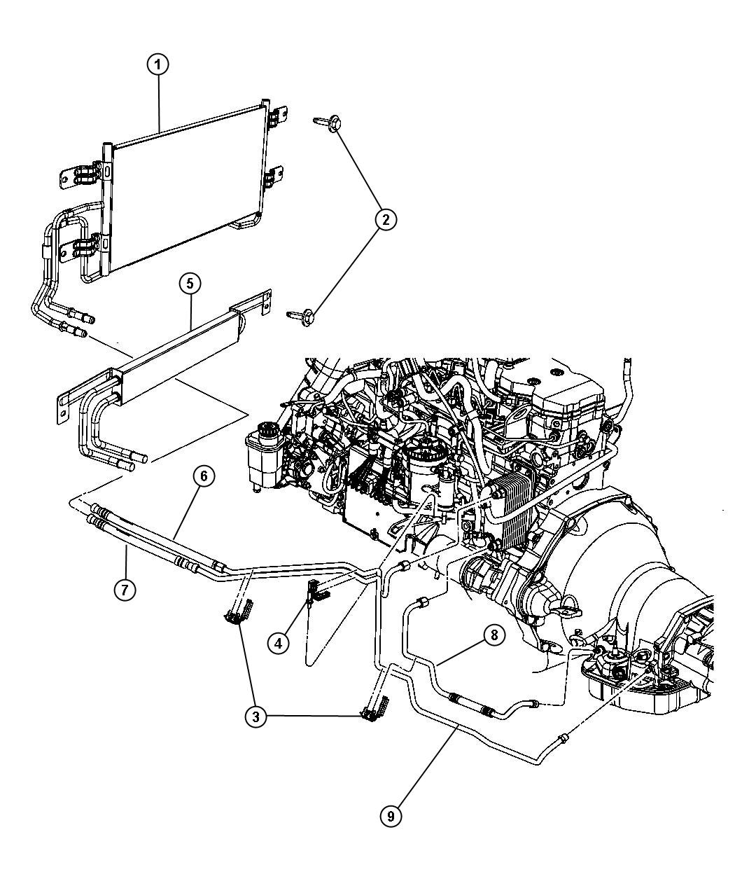 Full size assembly image of Transmission Oil Cooler and Lines, 5.9L [5.9L HO Cummins Turbo Diesel Engine], 6.7L [6.7L I6 CUMMINS TURBO DIESEL ENGINE]. (1/1)