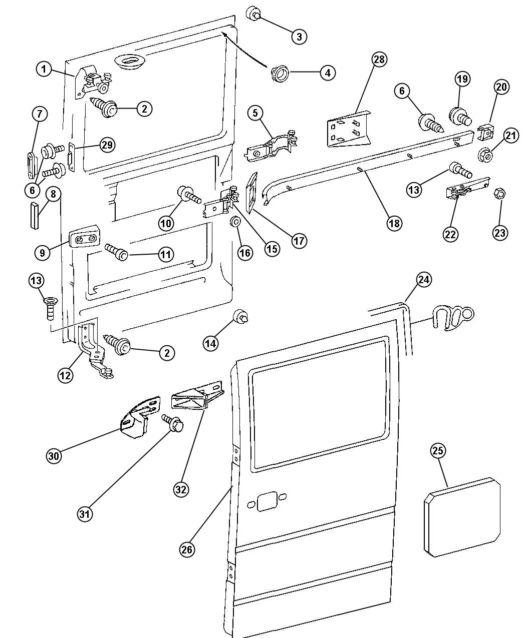 Diagram Door, Sliding Cargo Shell and Hinges. for your 2004 Dodge SPRINTER 2500 SHC WAGON 140" 2.7L Turbo I5 Diesel 