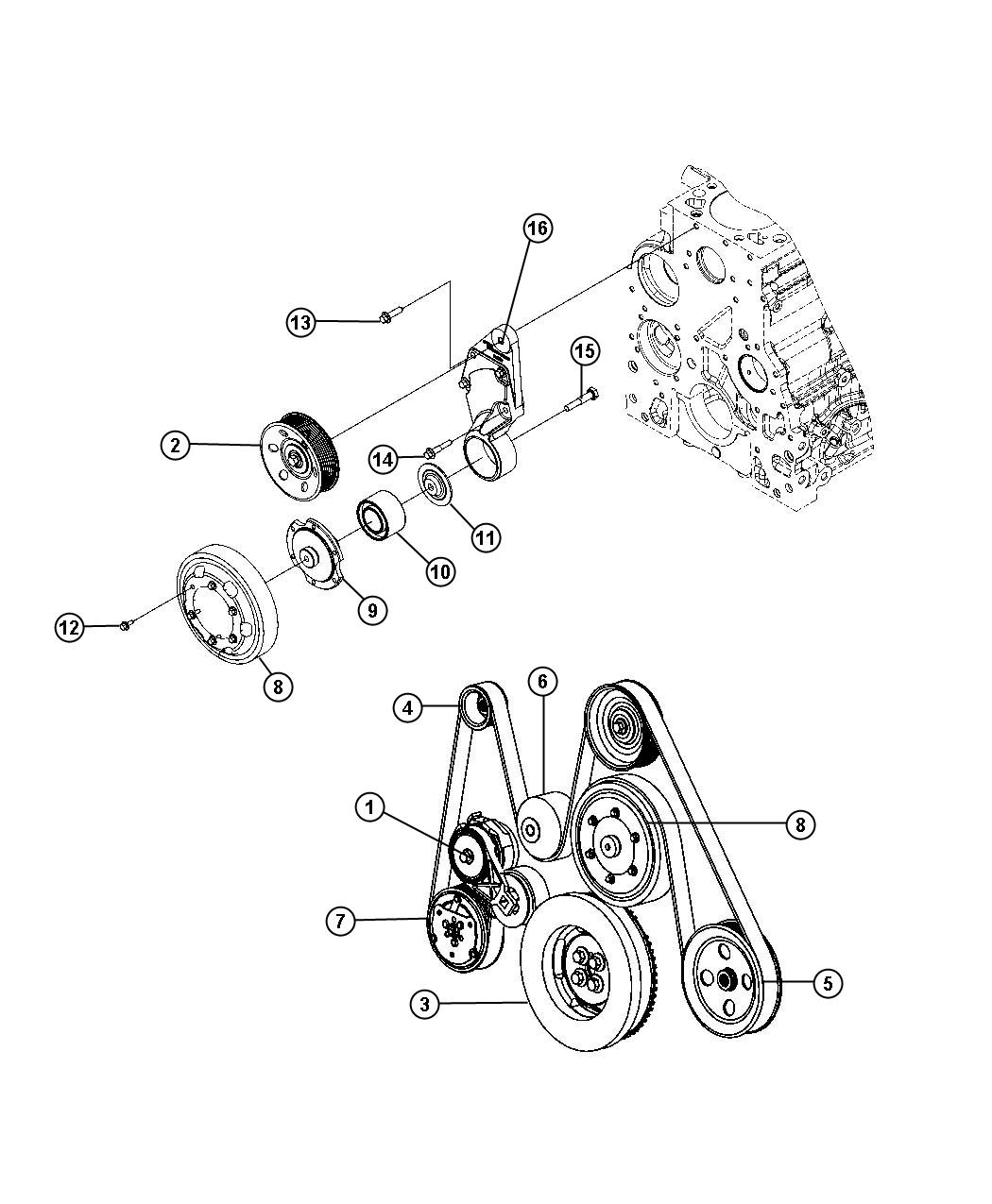 Diagram Pulley and Related Parts, 5.9L [5.9L I6 HO CUMMINS TD ENGINE], 6.7L [6.7L I6 CUMMINS TURBO DIESEL ENGINE]. for your 2008 Dodge Ram 3500  LARAMIE QUAD CAB 