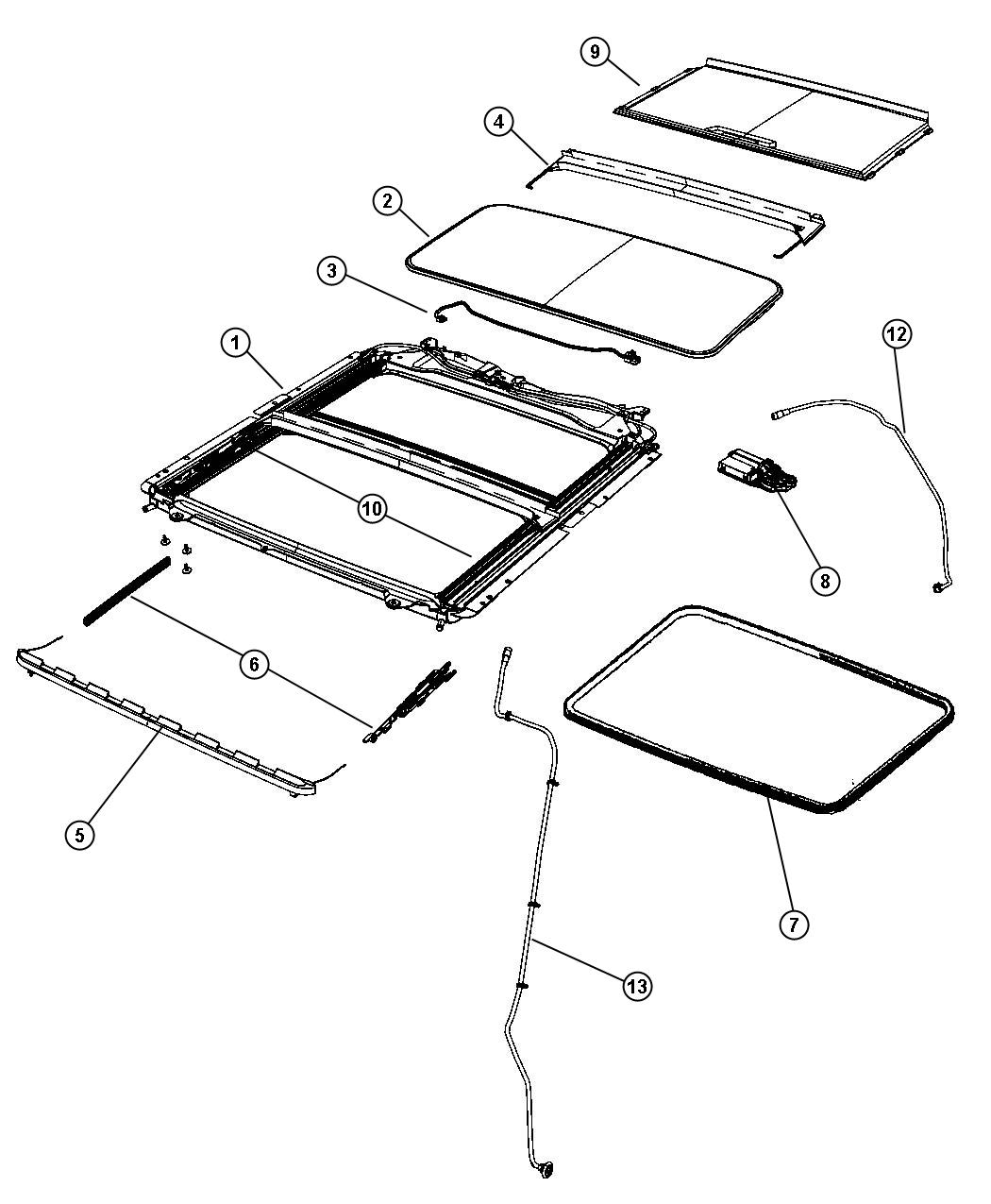 Diagram Sunroof Glass and Component Parts. for your Jeep Grand Cherokee  