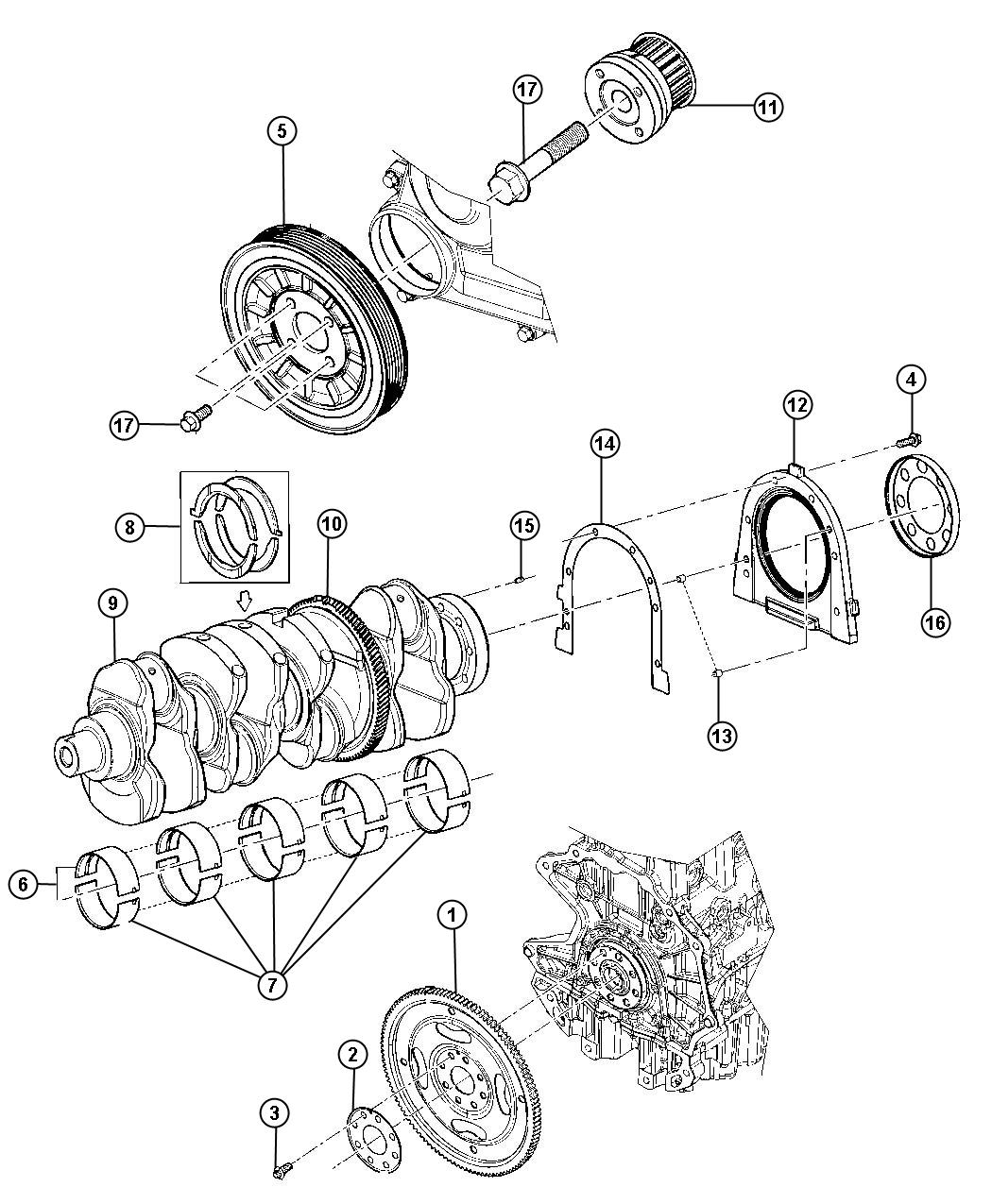 Diagram Crankshaft, Bearings, 2.8L Diesel [2.8L 4 Cyl TD Next Generation Engine]. for your 2012 Jeep Wrangler   