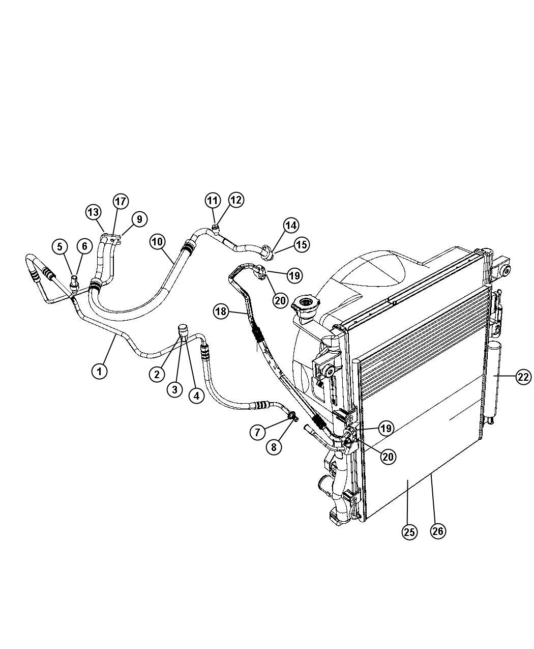 Diagram A/C Plumbing 2.8L Diesel [2.8L 4 Cyl TD Next Generation Engine], 3.7L [3.7L V6 Engine], 4.0L [4.0L V6 SOHC Engine] LHD. for your Jeep Wrangler  