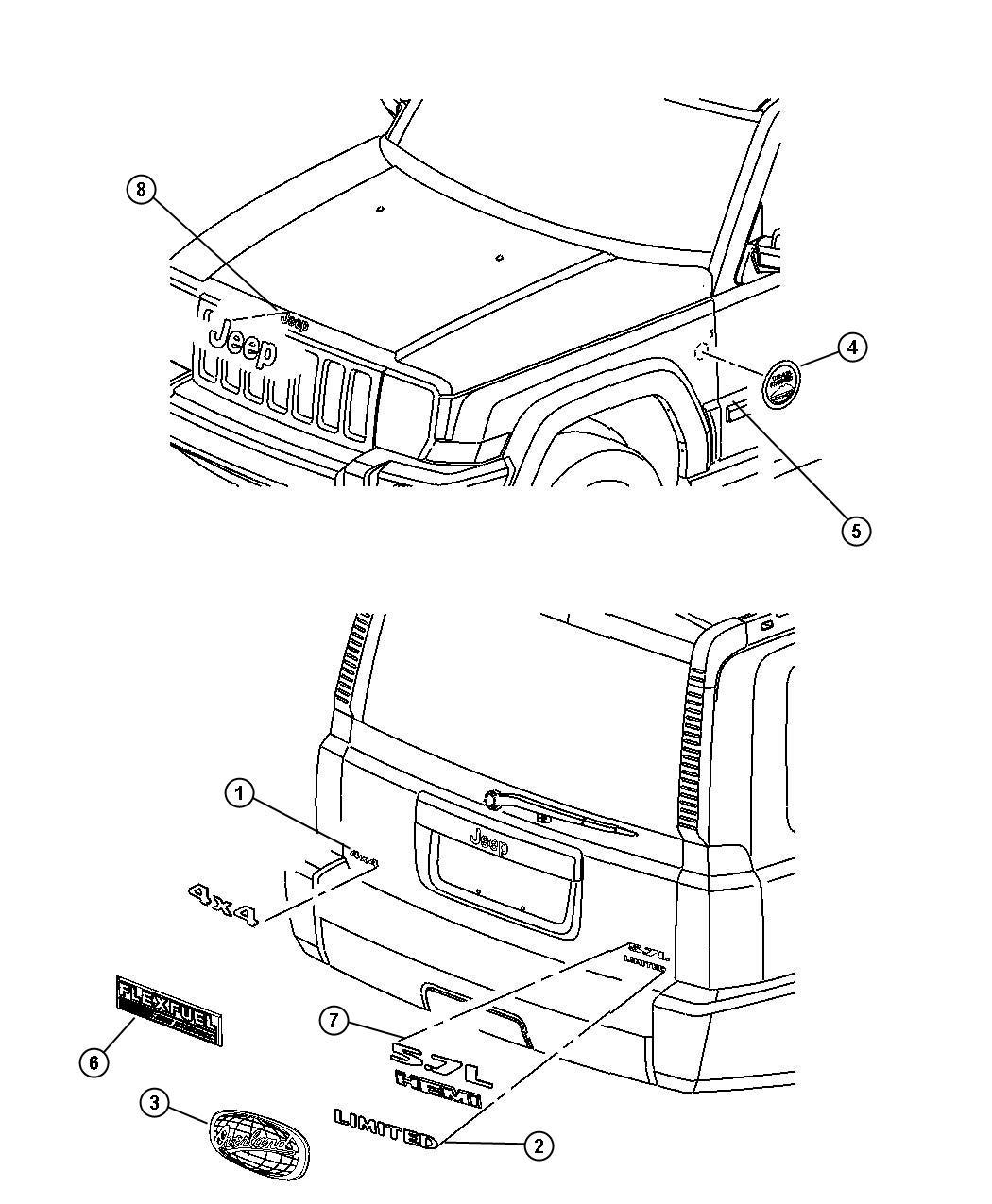 Diagram Nameplates, Emblems and Medallions. for your Jeep Commander  