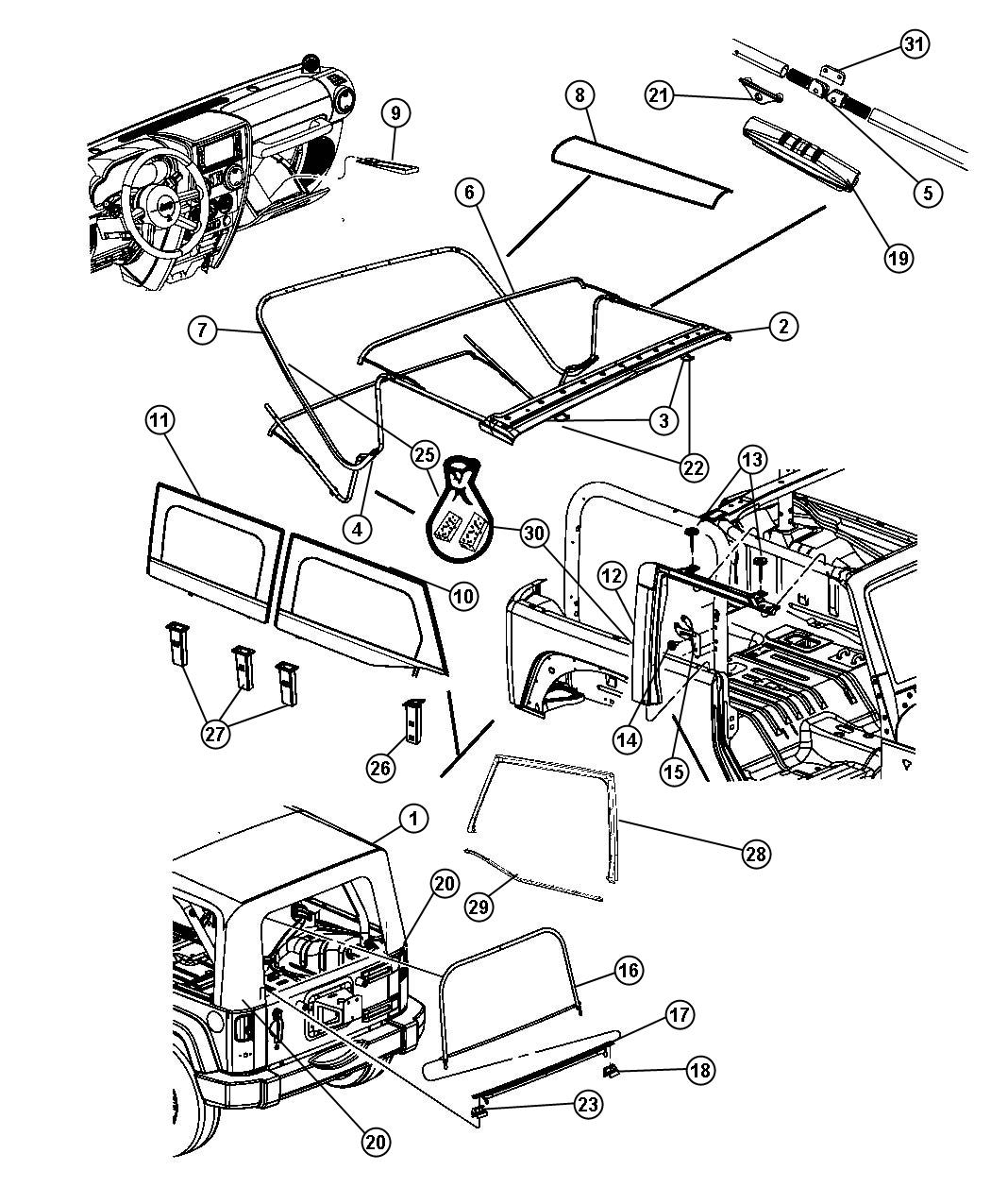 Diagram Soft Top - 2 Door [[ EASY FOLDING SOFT TOP ]]. for your 2005 Jeep Wrangler   