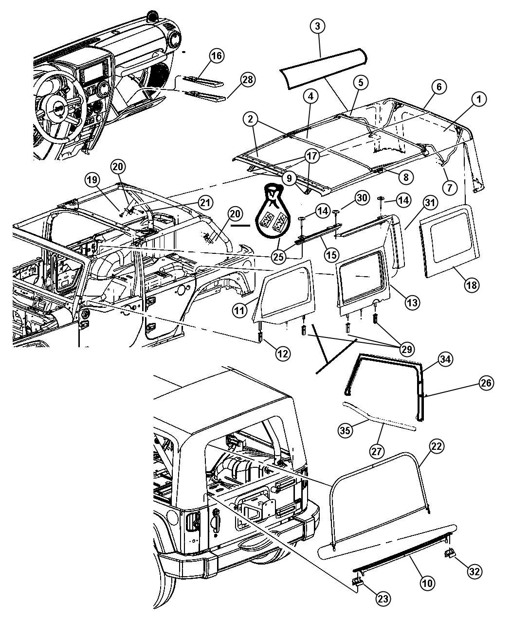 Diagram Soft Top - 4 Door [[ EASY FOLDING SOFT TOP ]]. for your Jeep Wrangler  