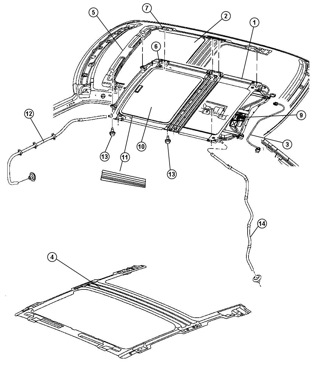 Diagram Sunroof Glass and Component Parts. for your 2017 Fiat 500X   