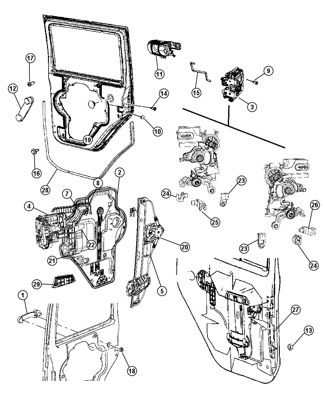 Diagram Rear Door, Hardware Components, Full Door. for your 2021 Jeep Wrangler   