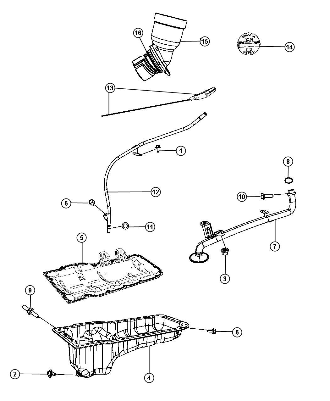 Diagram Engine Oil Pan, Engine Oil Level Indicator And Related Parts 4.7L [4.7L V8 Engine]. for your Jeep