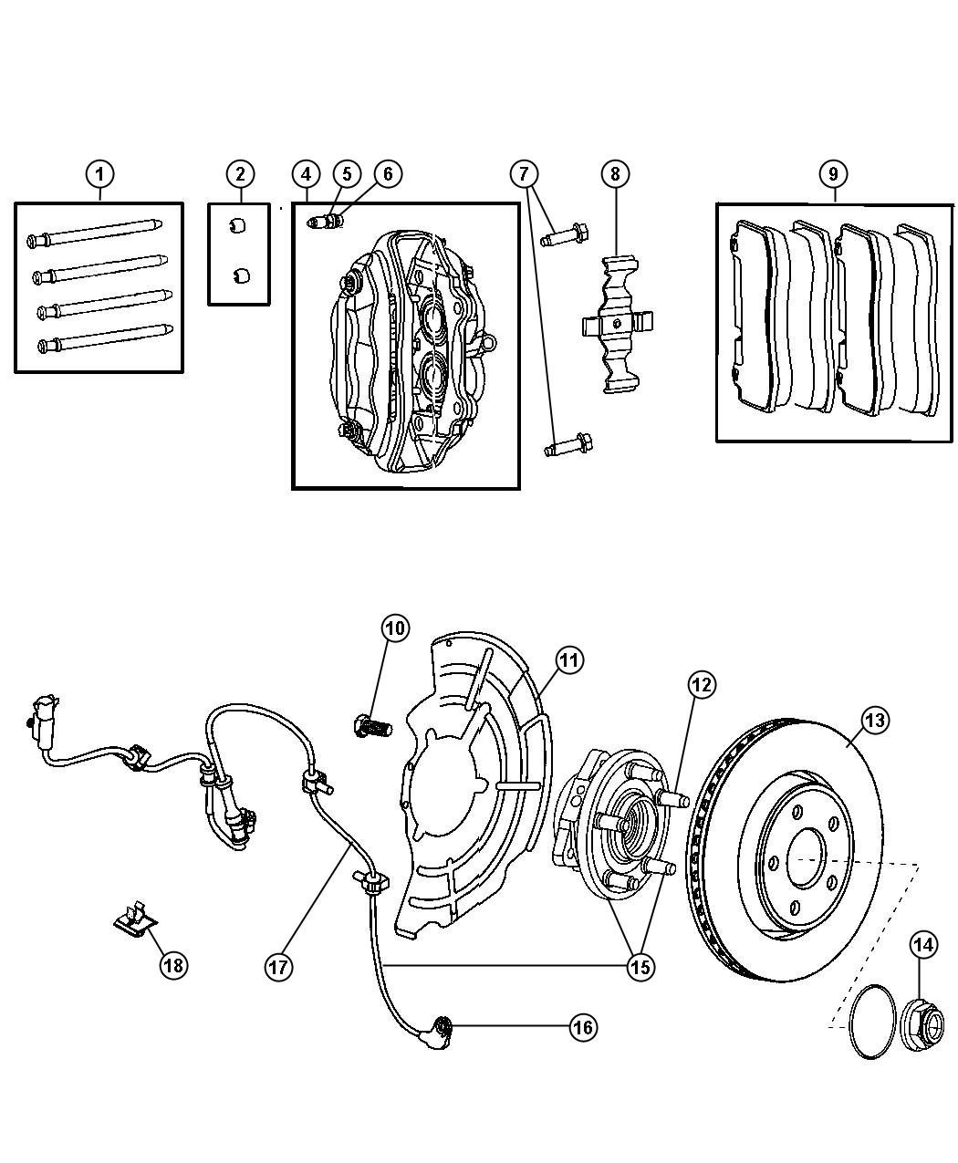 Brakes, Front, 6.1L [All V8 Engines]. Diagram