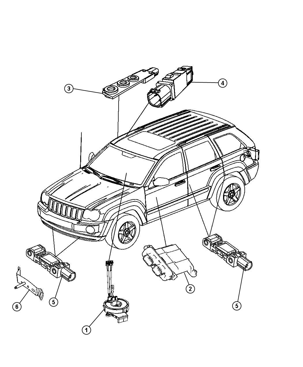 Diagram Air Bag Modules, Impact Sensors and Clock Spring. for your Jeep