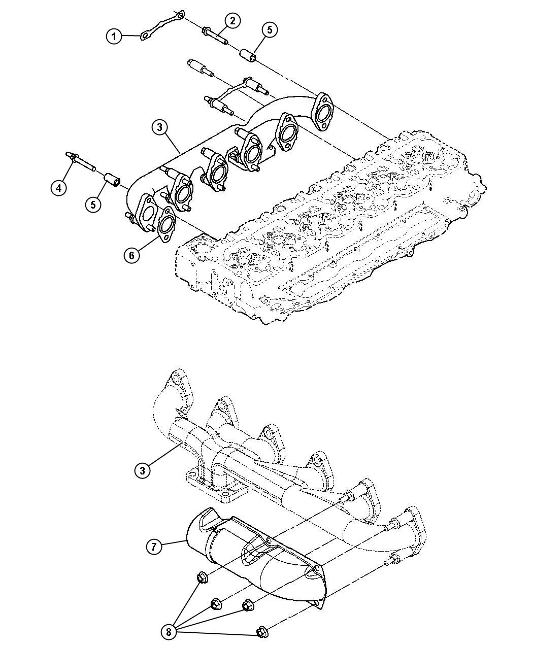 Diagram Exhaust Manifold And Heat Shield 5.9 Diesel [5.9L HO Cummins Turbo Diesel Engine]. for your 2007 Dodge Durango   