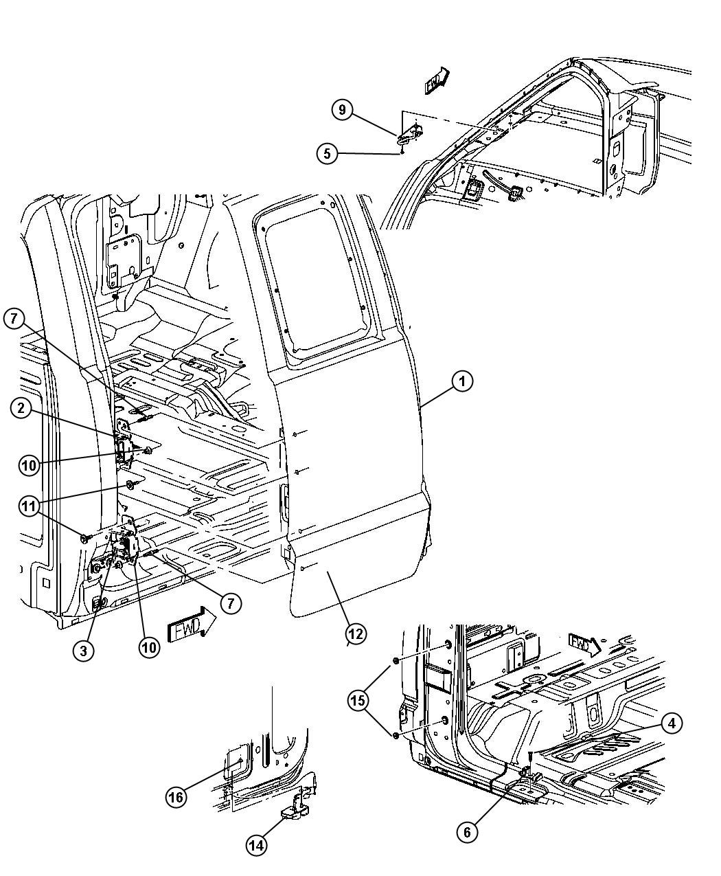 Rear Door, Shell and Hinges, Extented Cab. Diagram